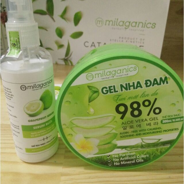 [ Combo Milaganics] Gel Nha Đam 300g &amp; Serum Bưởi 100ml