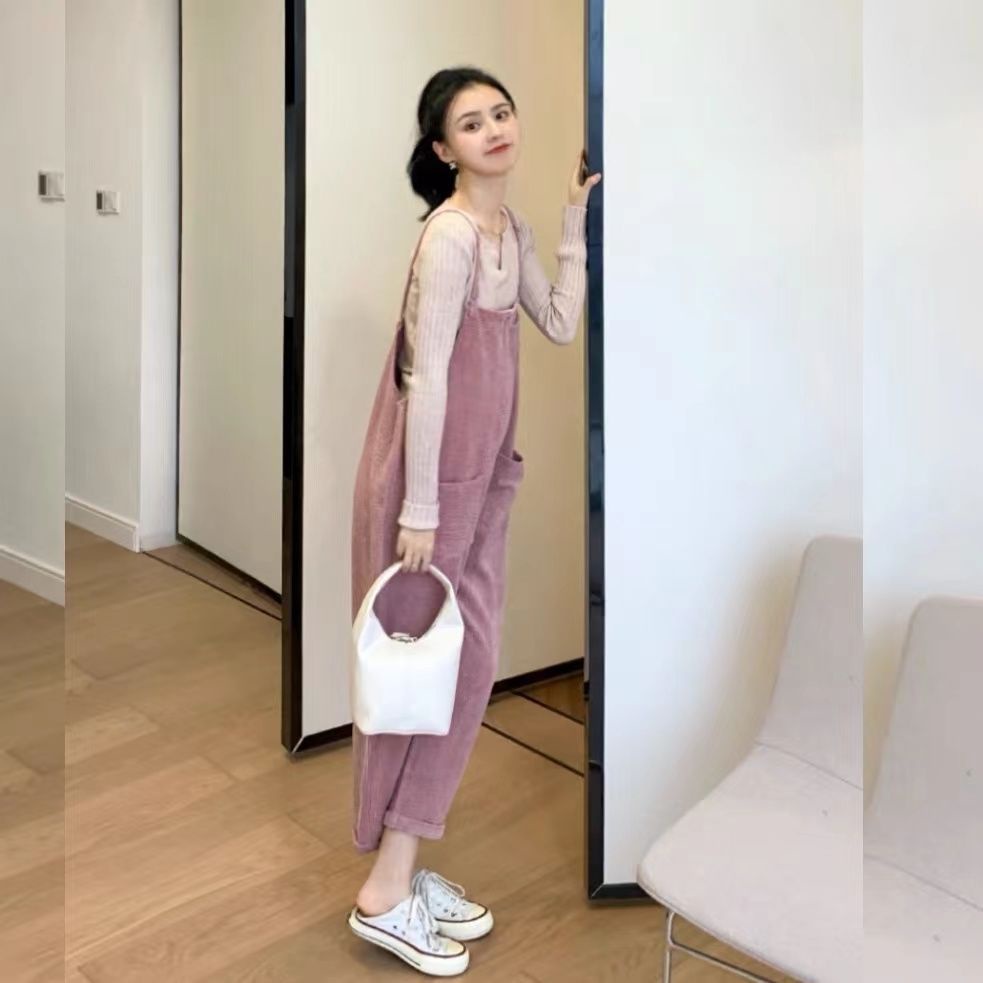 Set Áo Thun Dài Tay + Quần Yếm Thời Trang Cho Mẹ Bầu