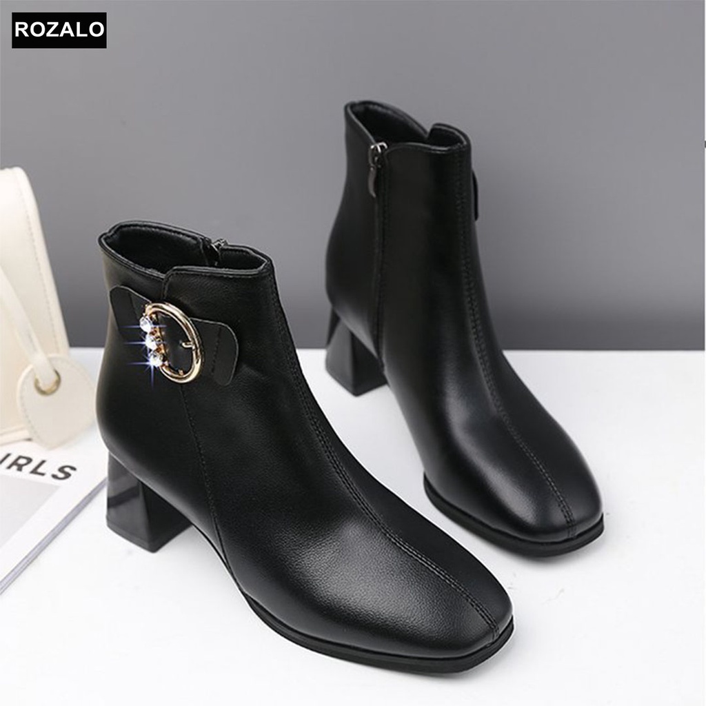 Giày Bốt nữ kiểu Boot thấp cổ da mờ gót 5P đính đá Rozalo R5715