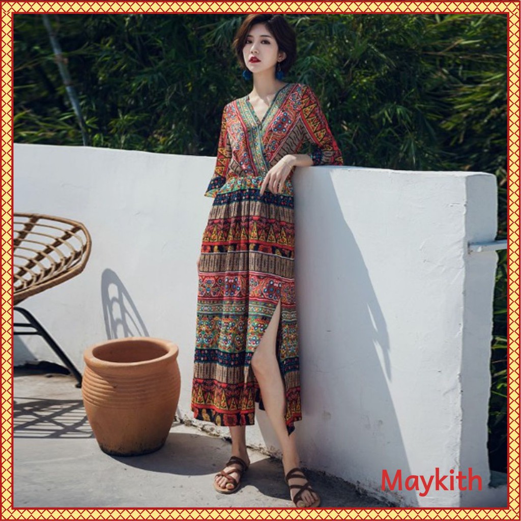 Đầm phong cách boho dân tộc cổ V tay loe siêu xinh hàng Quảng Châu giá tốt