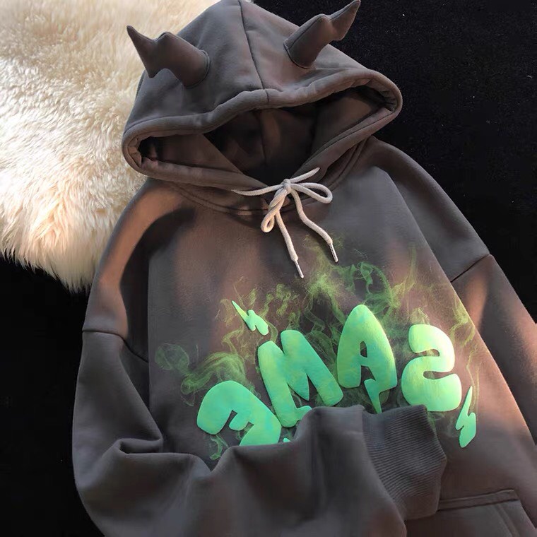 Áo hoodie form rộng nỉ bông ấm áp mũ có sừng