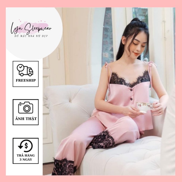 Đồ ngủ 2 dây, bộ mặc nhà áo 2 dây và quần dài phối ren, chất lụa satin đẹp, kiểu dáng sang trọng, lịch sự cho phái nữ | BigBuy360 - bigbuy360.vn