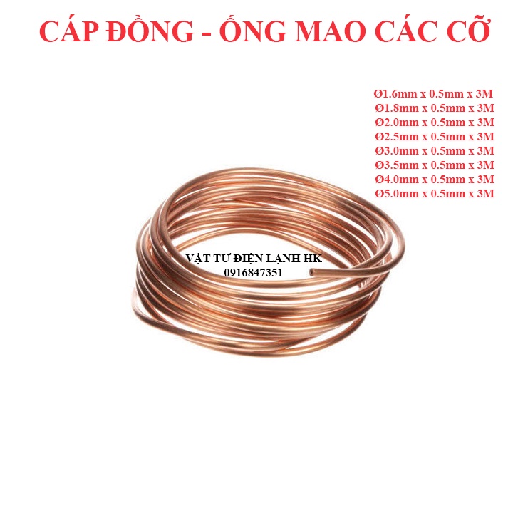 Cáp đồng tủ lạnh điều hòa máy lạnh - ống mao - ống đồng các phi cỡ 1.6 1.8 2.0 2.5 3.0 3.5 4.0 5.0 mm