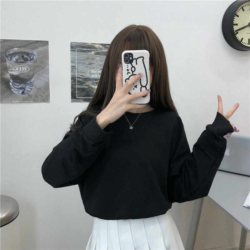Áo thun RENJIANVSHENG 168541 tay dài cổ tròn dáng rộng cột nơ xinh xắn trẻ trung phong cách Hàn Quốc