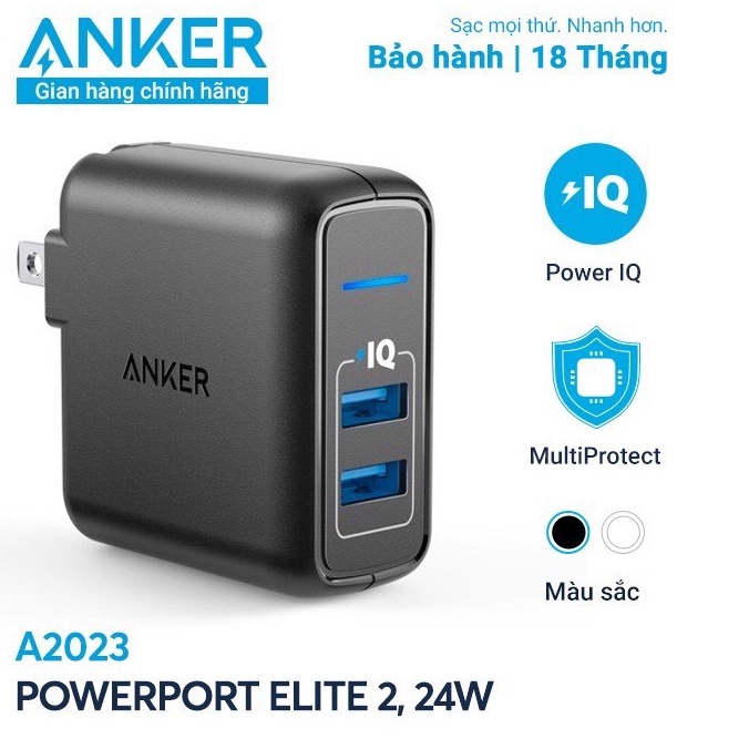 CỐC SẠC NHANH 2 CỔNG USB ANKER POWERPORT ELITE 2 24W A2023 - CỦ SẠC NHANH 2 CỔNG USB 24W A2023