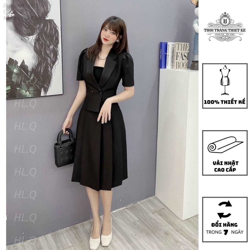 Set áo vest tay ngắn kèm chân váy ly công sở, bộ vest nữ thời trang thiết kế dự tiệc cao cấp Q018