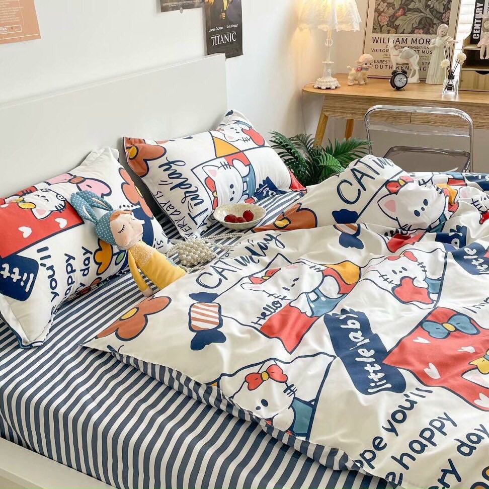 Bộ chăn ga gối Poly Cotton Hello Kitty (Tặng vỏ gối ôm) - Miễn phí bo chun mọi kích thước