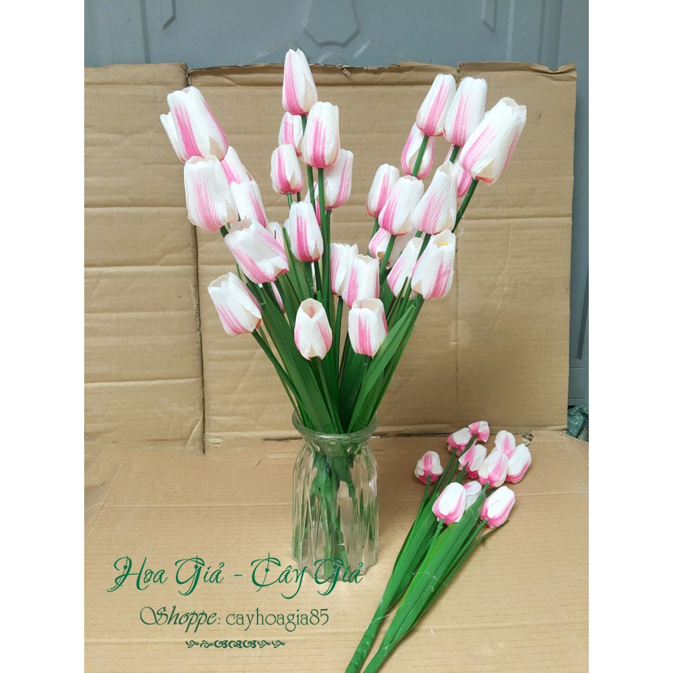 Hoa giả _ Hoa Tulip vải lụa 5 bông cành cao 53cm
