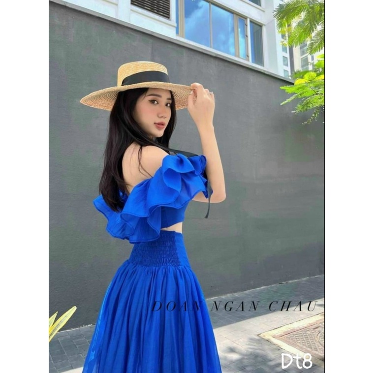 (Mẫu Mới) Sét Lụa Áo Trễ Vai Tay Bèo + Váy Tầng Dáng Xòe Đẹp Lung Linh UP h.h.p