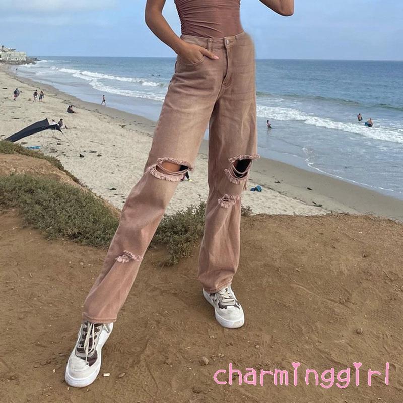 Quần Jeans Dài Lưng Cao Phối Túi Thiết Kế Xẻ Rách Cá Tính
