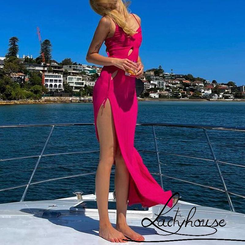 Đầm Dài Hai Dây Cổ Chữ V Hở Lưng Màu Trơn Cho Nữ