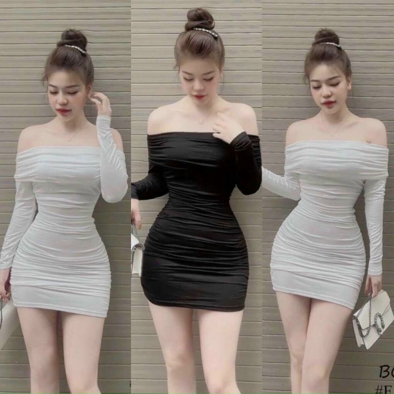 Đầm Thun Dáng Ngắn Tay Dài Trễ Vai - Form Ôm Body Sexy