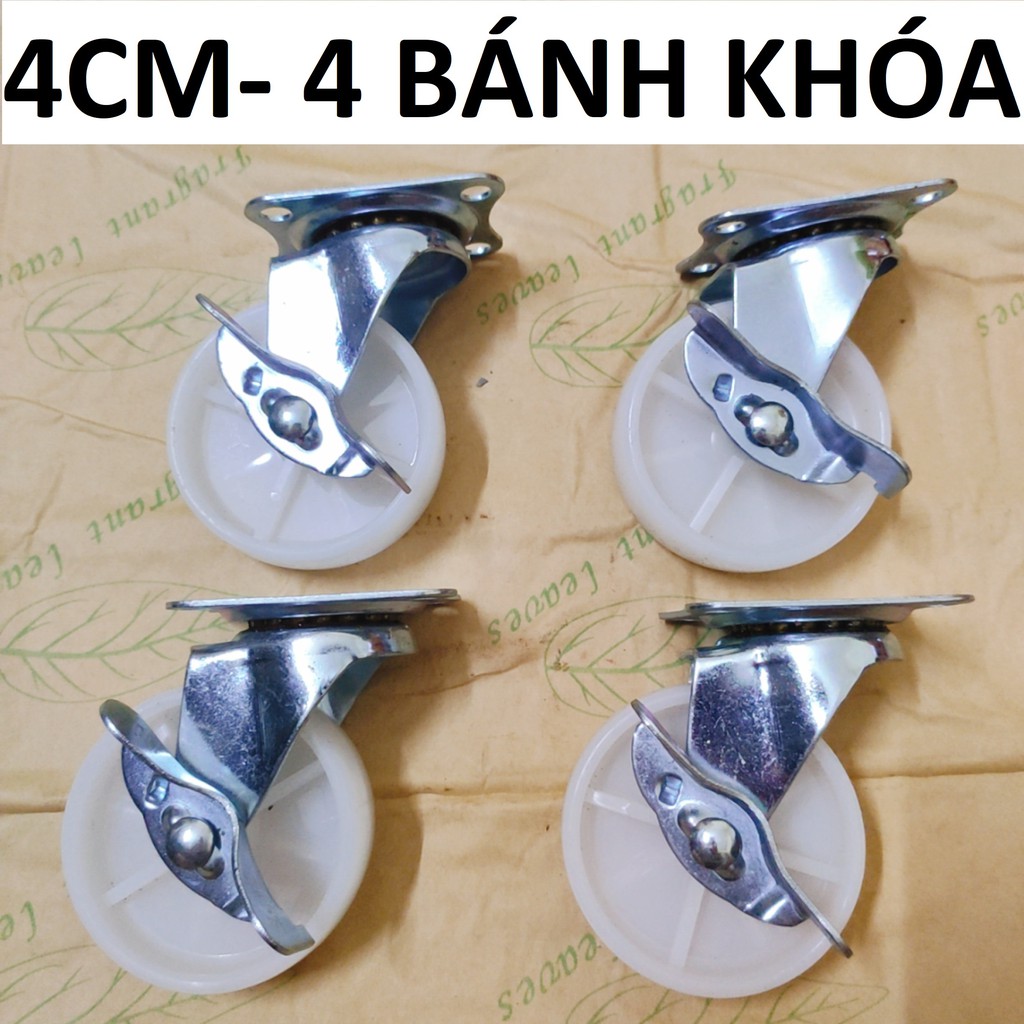 Bộ 4 bánh xe nhựa trắng 4cm (bánh có khóa), Hàng Việt Nam chất lượng cao