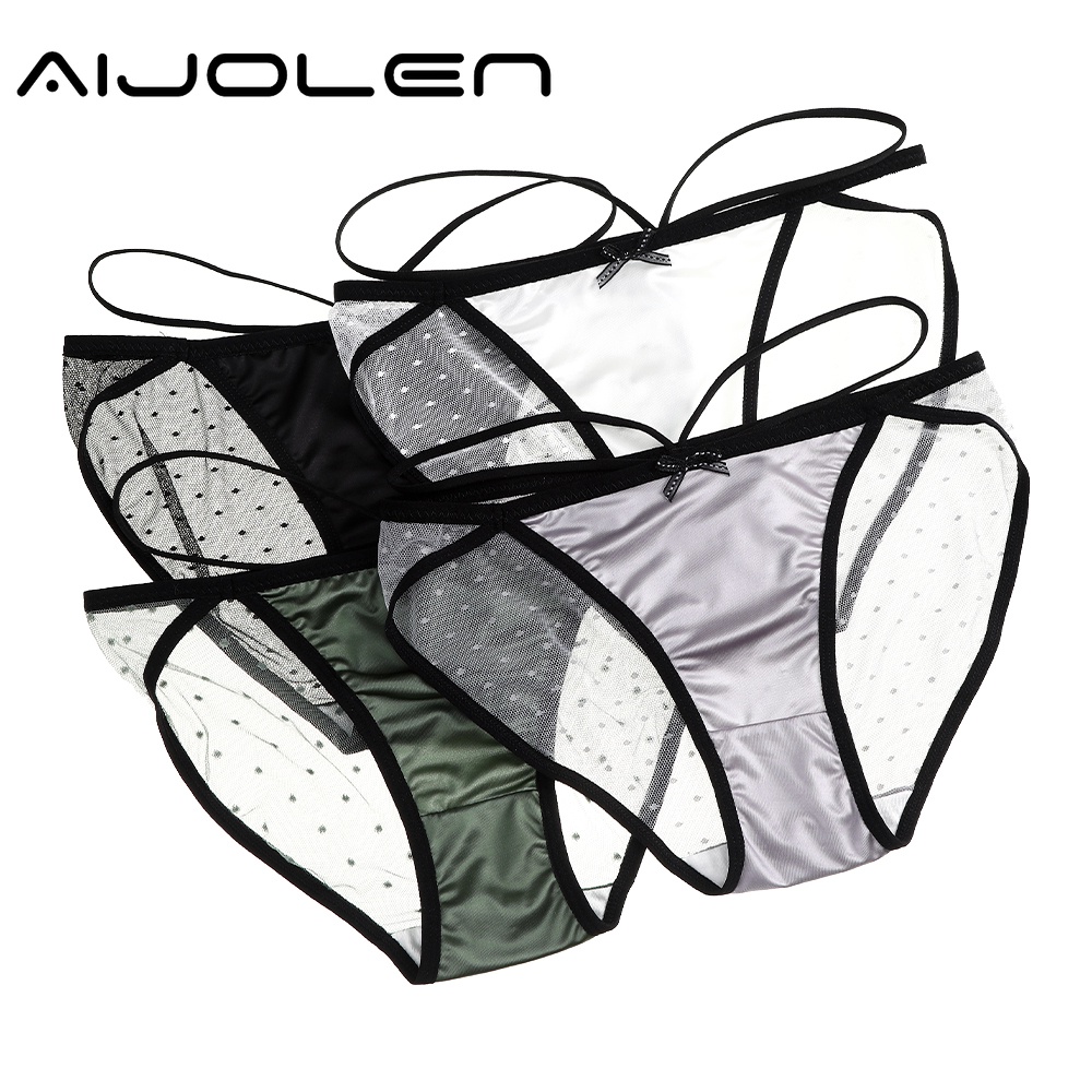 Quần Lót AIJOLEN Vải Lụa Satin Phối Ren Mỏng Nhẹ Thoáng Khí Họa Tiết Chấm Bi Gợi Cảm Cho Nữ