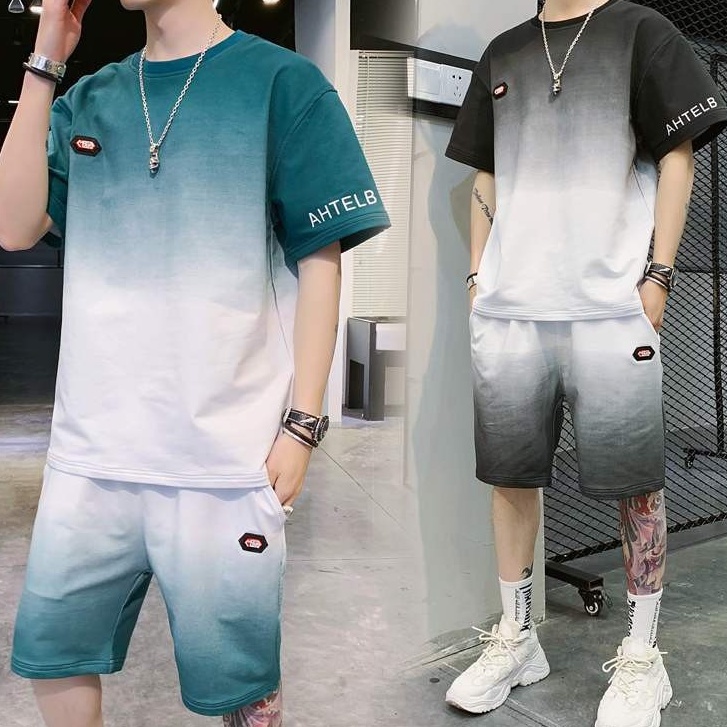 Bộ Quần Áo Thun Thể Thao Nam Mùa Hè Ngắn Tay Phối Màu Loang Dáng Hiphop Trẻ Trung Sành Điệu