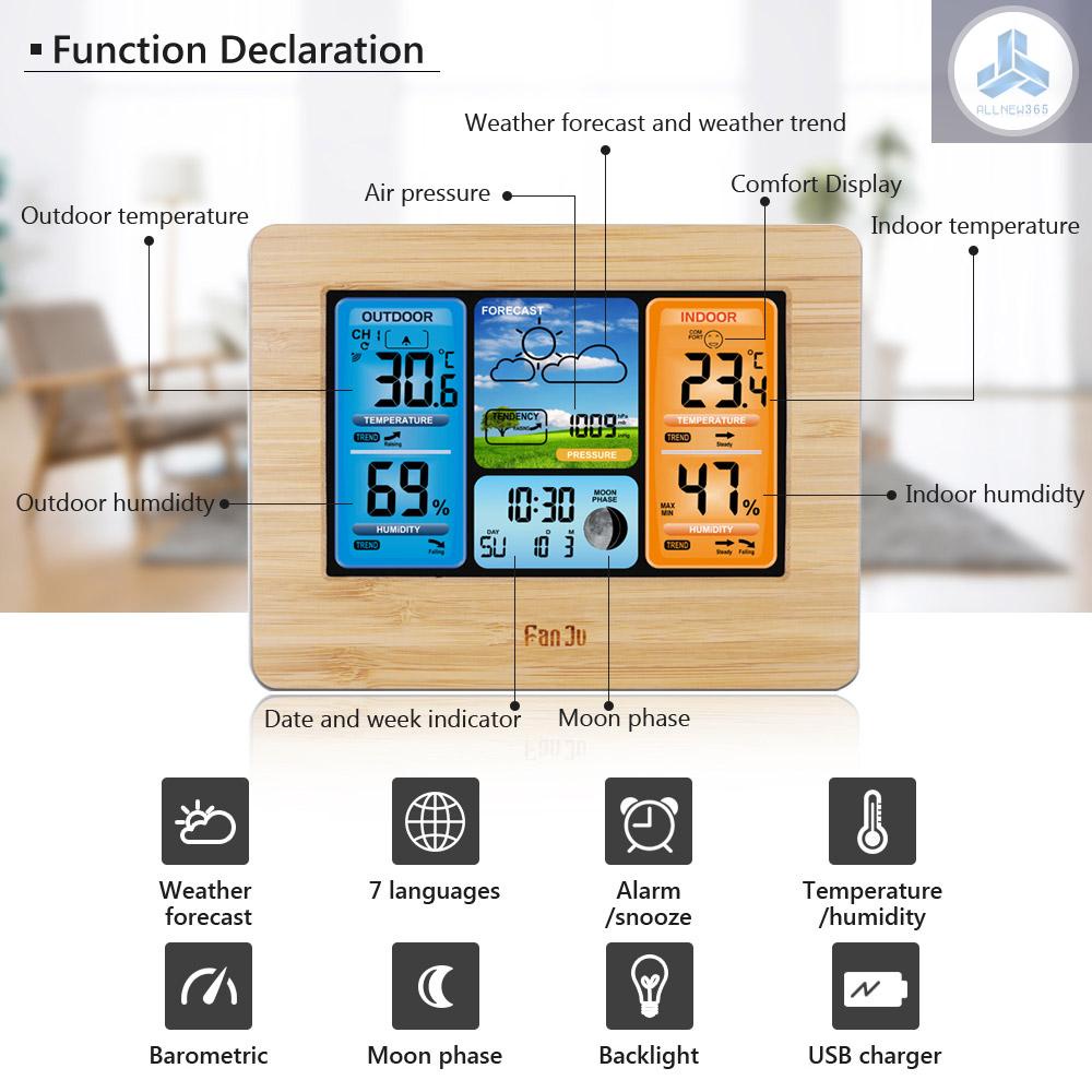 Đồng Hồ Báo Thức Đa Năng FanJu FJ3373 Có Màn Hình LCD Hiển Thị Nhiệt Độ Và Độ Ẩm Không Dây Sn26