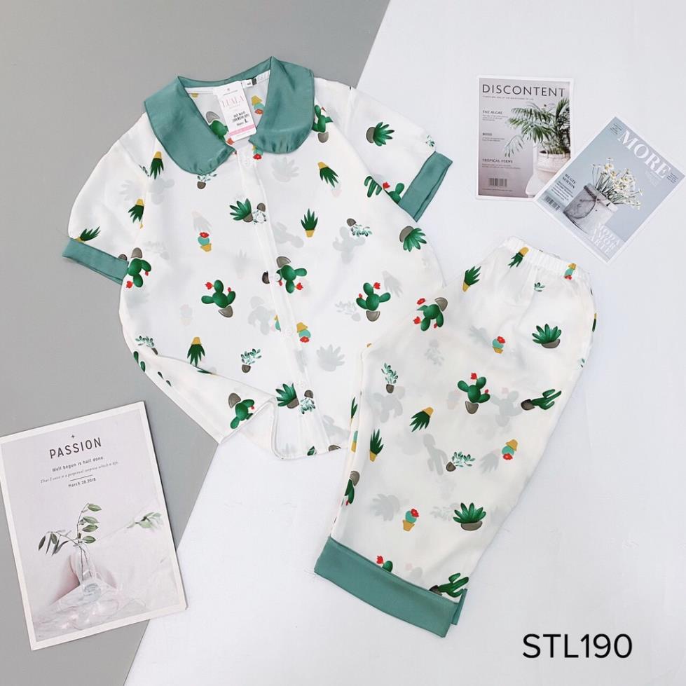 8.8 Bộ đồ mặc nhà Pyjamas lụa mango cao cấp, bộ ngủ quần lửng, xương rồng trắng cổ xanh