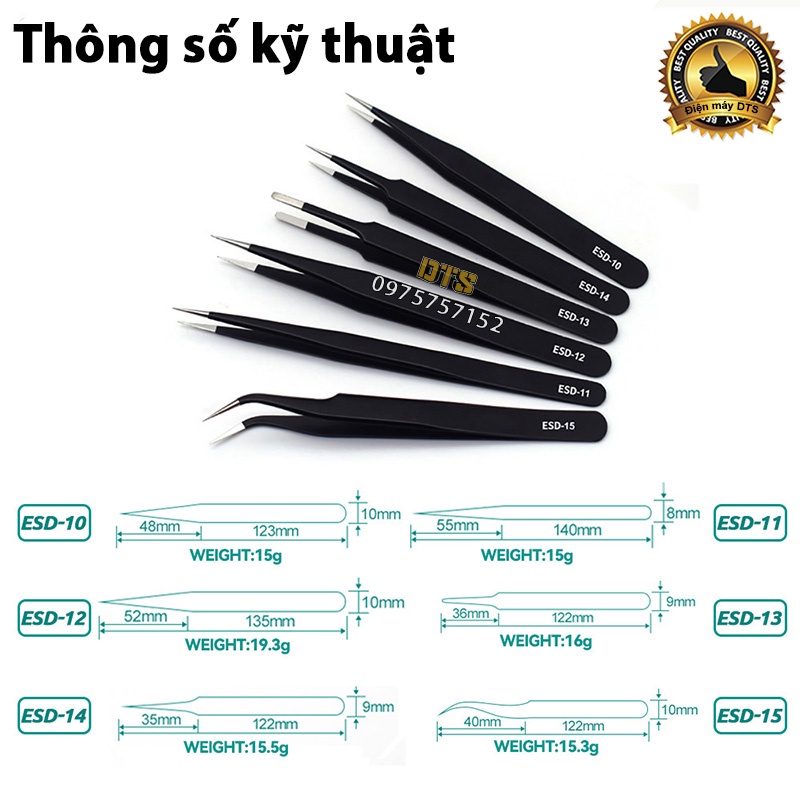 Bộ 6 nhíp gắp đa năng ESD sửa chữa điện tử, điện thoại, máy tính - Ghép lông mi, nối tóc, nhặt lông yến - Chính xác cao