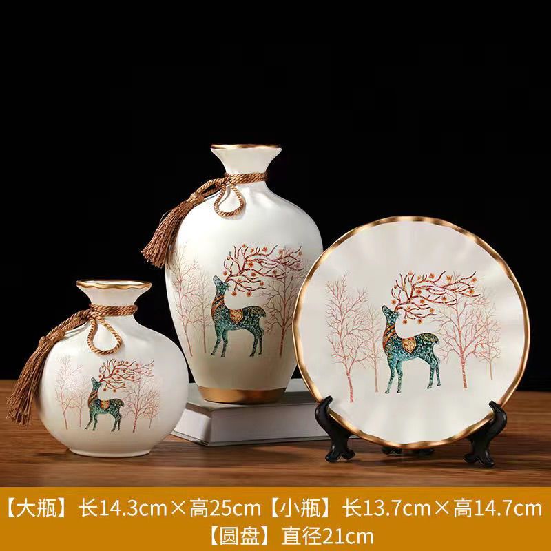 Bình hoa gốm - lọ hoa 3 món, bình nai hạc phong thuỷ MỊNT hút lộc trang trí nhà - kệ ti vi