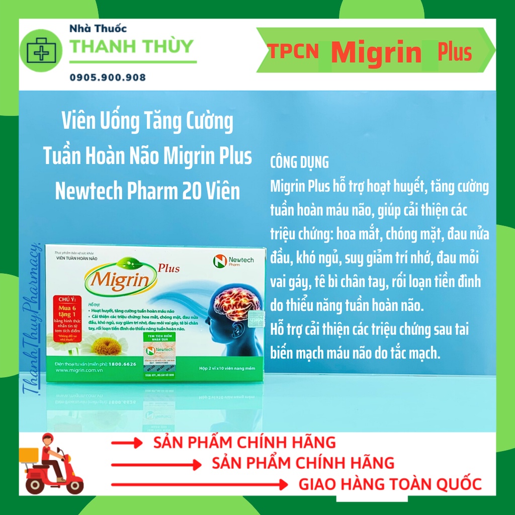 Migrin Plus Newtech Pharm  Viên Uống Tăng Cường Tuần Hoàn Não, Giảm Đau Nửa Đầu, Migraine, Thiếu Máu Não