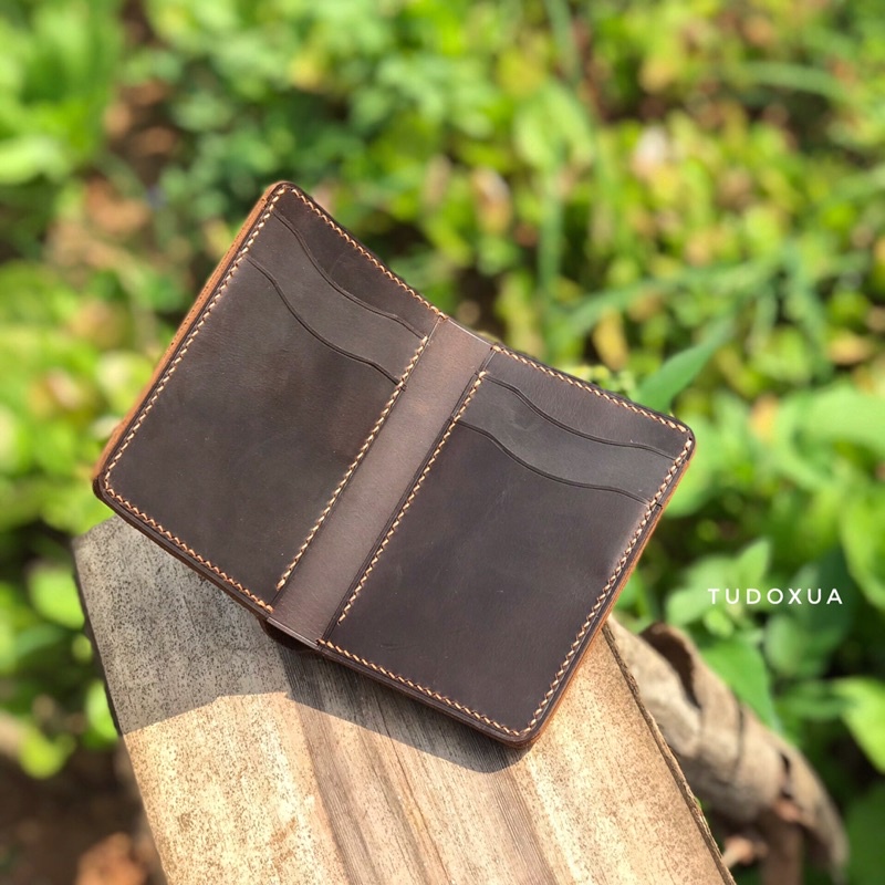Ví da đứng khắc tên TUDOXUA MNS004 chất liệu da bò thật, tặng kèm móc khóa da