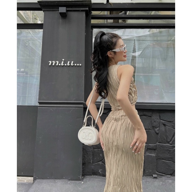 Set xốp ôm body áo croptop ngắn sát nách + chân váy dài xẻ đùi trắng đen kem, đầm sang trọng quyến rũ gợi cảm dự tiệc