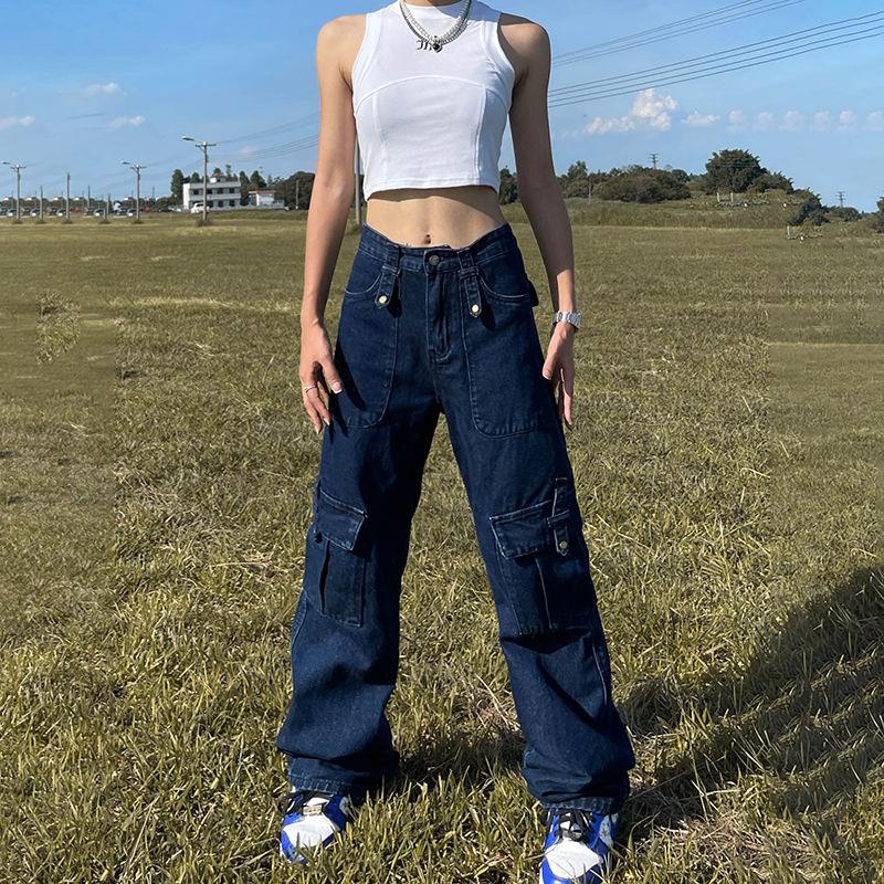Quần Jean Dài Lưng Cao Ống Rộng Phối Nhiều Túi Phong Cách Retro Mỹ Cá Tính Cho Nữ