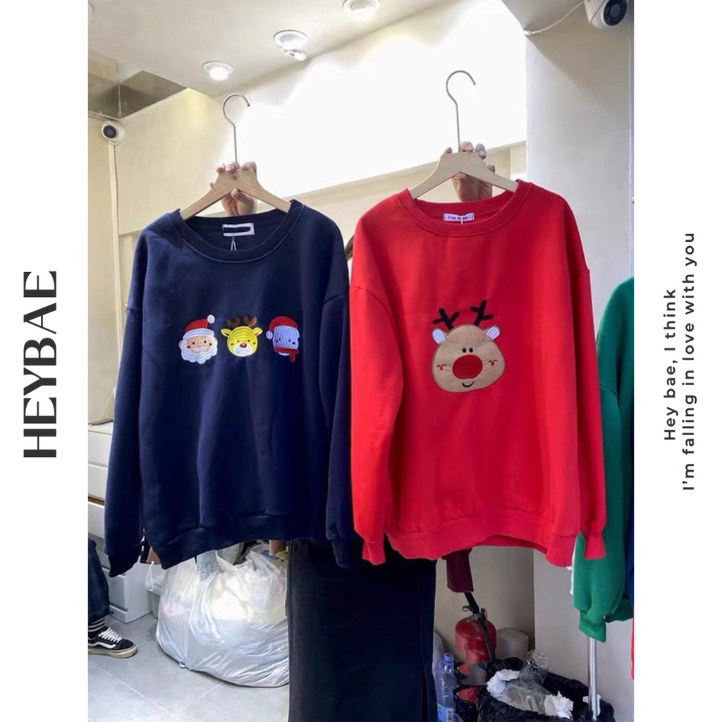 Áo sweater oversize Xmas HEYBAE vải nỉ ngoại dáng rộng hoạ tiết Giáng sinh có mũ dài tay nỉ dày dặn AK052 | BigBuy360 - bigbuy360.vn