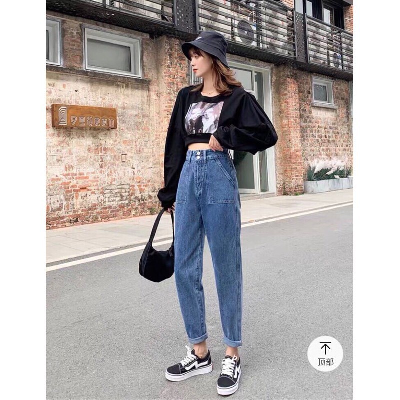 Quần jean bò baggy nữ cạp cao hàng Quảng Châu phong cách Hàn Quốc sành điệu style năm 2021