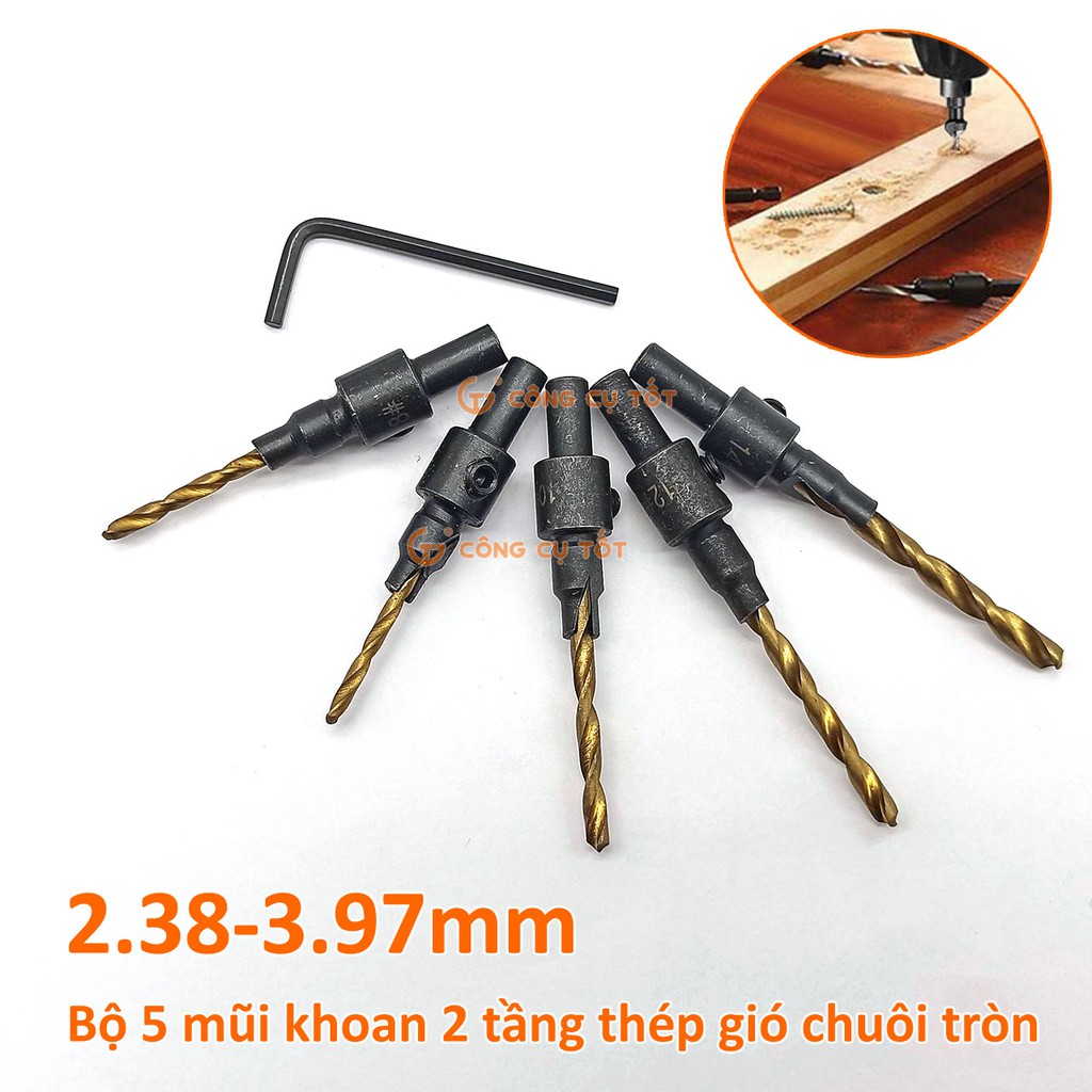 Bộ 5 mũi khoan 2 tầng chỉnh cữ bắt âm mũ vít 2.38-3.97mm phủ titan chuôi tròn