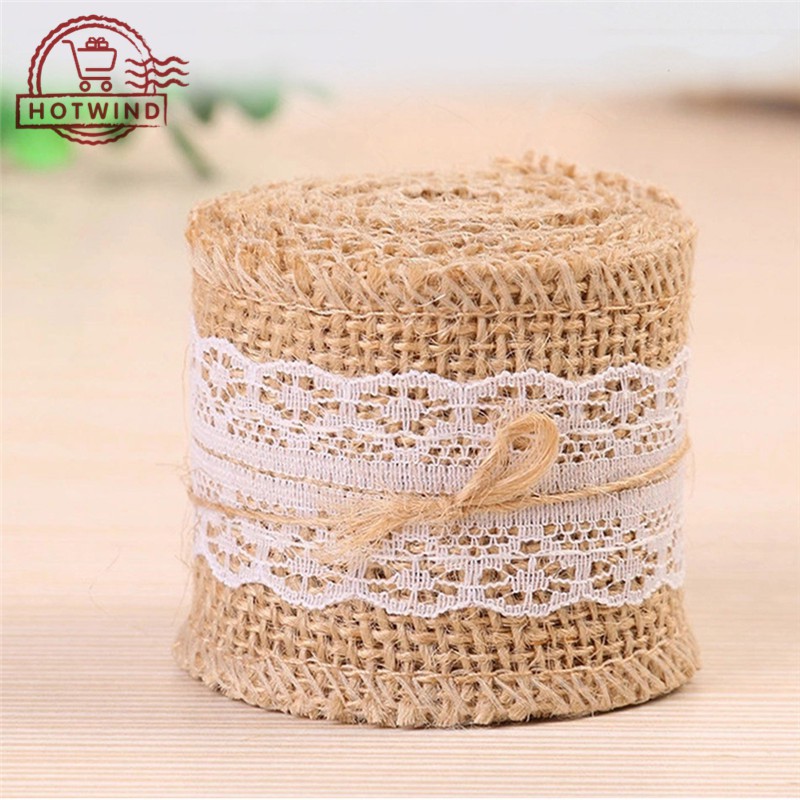 Cuộn ruy băng vải bố tự nhiên phối ren 2m dùng cho trang trí