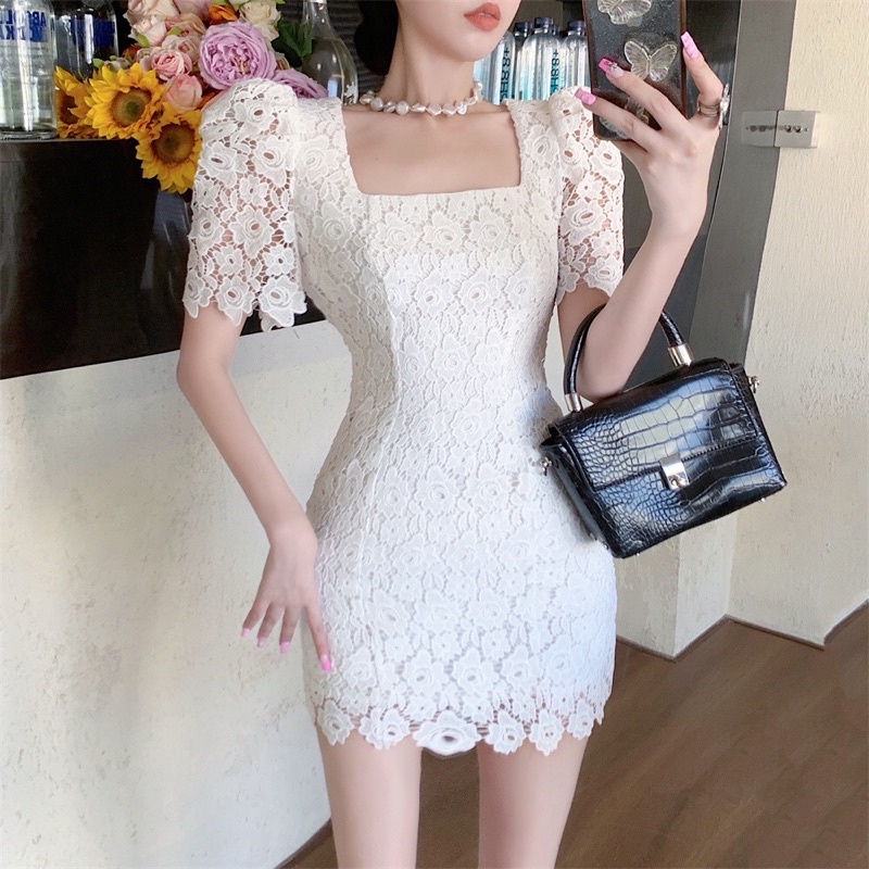 Đầm Váy Thiết Kế Ren Hai Lớp Cao Cấp Ôm Body Màu Trắng Tay Bồng Cổ Vuông Kiểu Pháp Sang Trọng Mùa Hè Thu Dự Tiệc Cưới