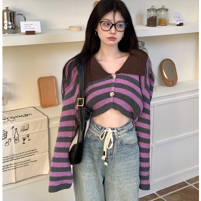 Áo Khoác Cardigan Dệt Kim Cổ polo Họa Tiết Kẻ Sọc Màu Tương Phản Thời Trang