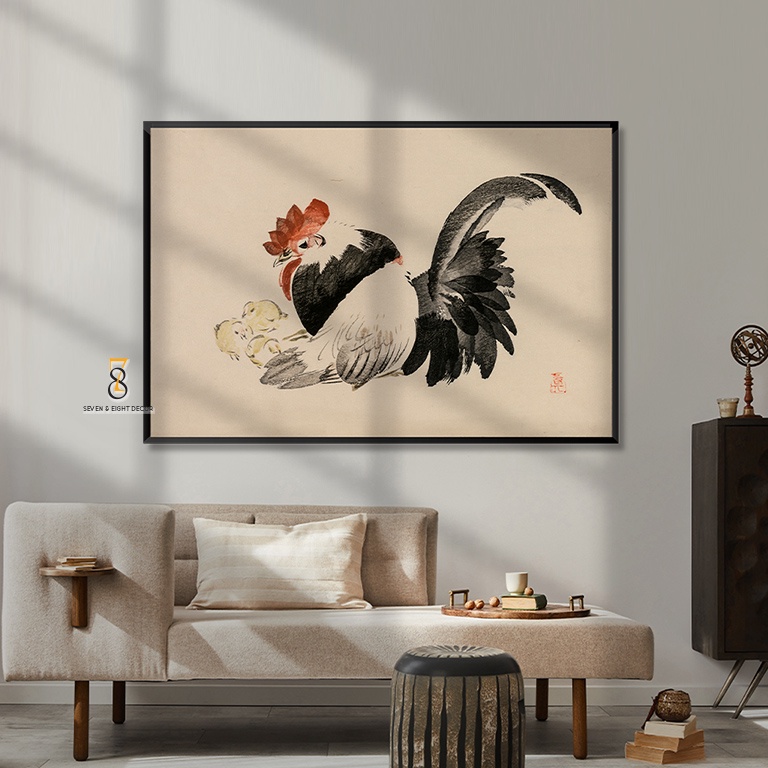 Tranh Canvas | Gà Trống Gà Mái Và Gà Con | Tranh Nghệ Thuật Châu Á 1FHROOS001 | Khung Cao Cấp | Tặng Kèm Đinh Đa Năng