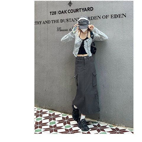 Jiashucheng Chân Váy Denim Dài Lưng Cao Phong Cách Thời Trang Quân Đội Dành Cho Nữ
