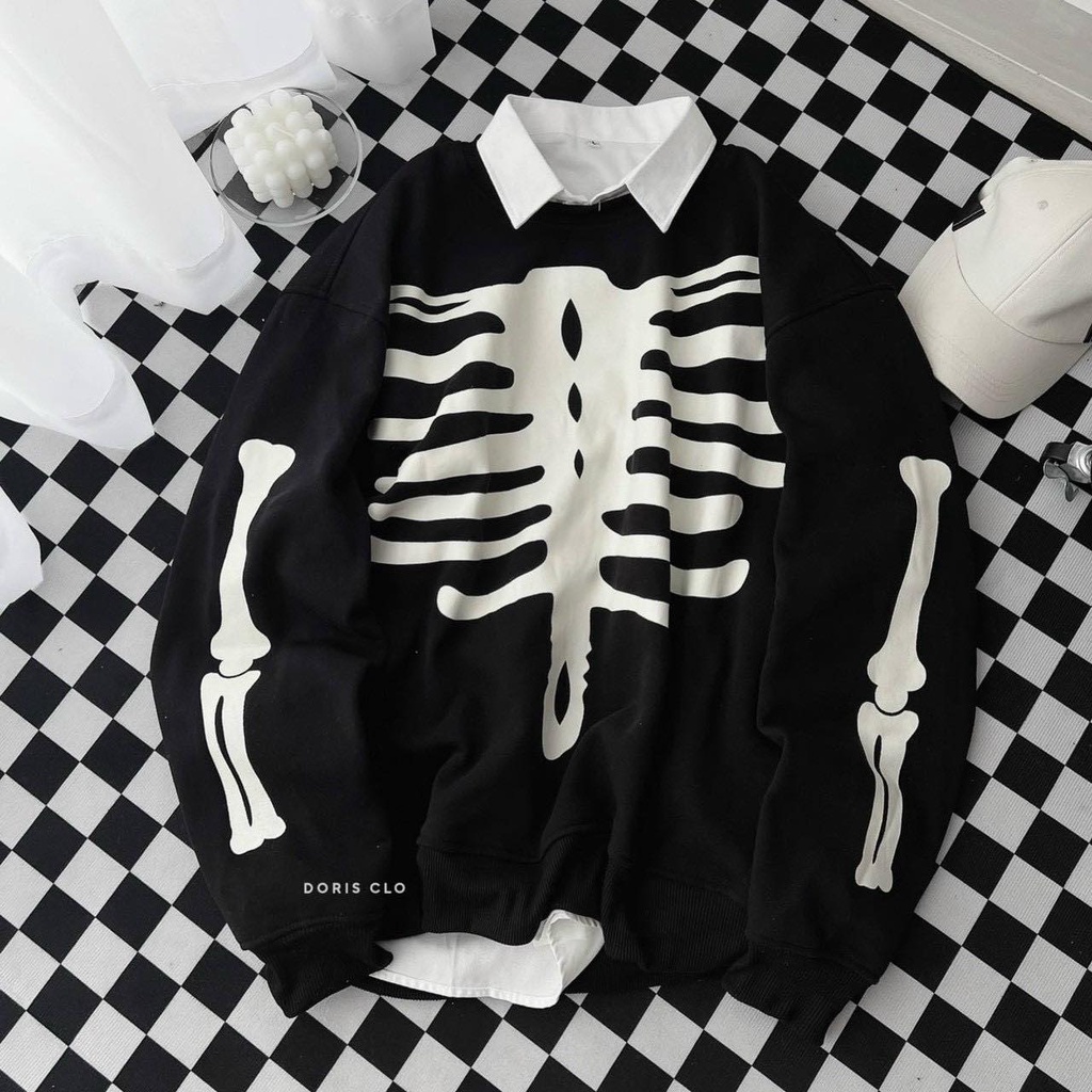 Áo Khoác Sweater Nỉ Thun Form Rộng Nam Nữ Họa Tiết Hình Xương Phong Cách Thời Trang