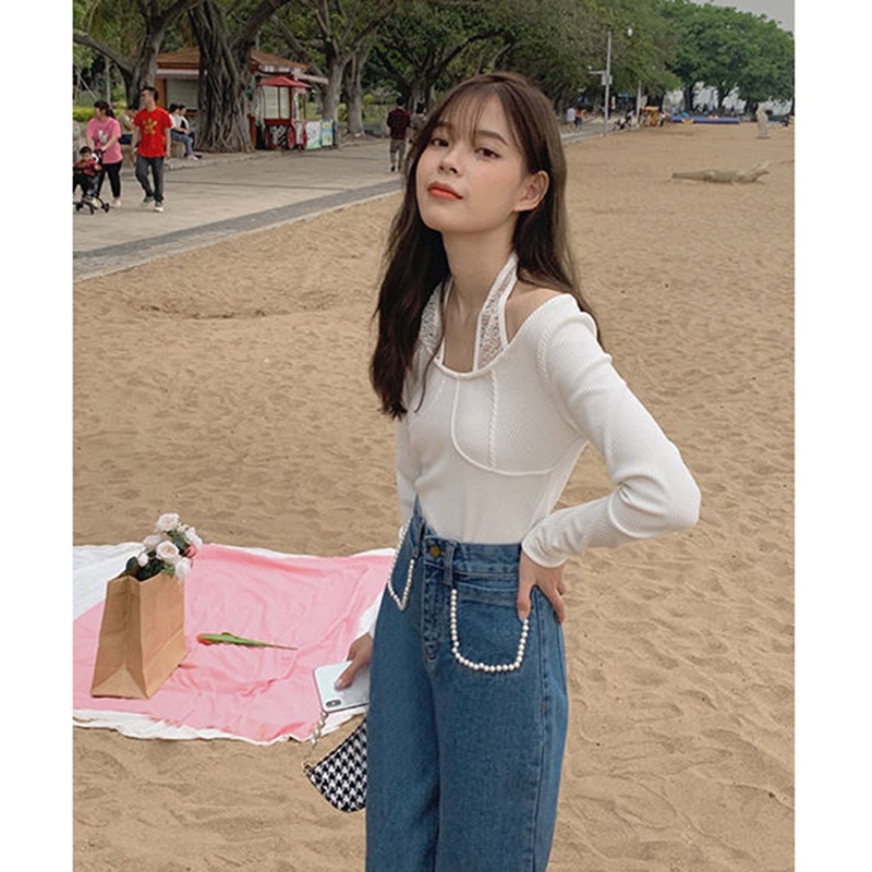 Quần jean dài IELGY ống đứng lưng cao phong cách retro đính hạt ngọc trai nhân tạo phong cách Hàn Quốc cho nữ