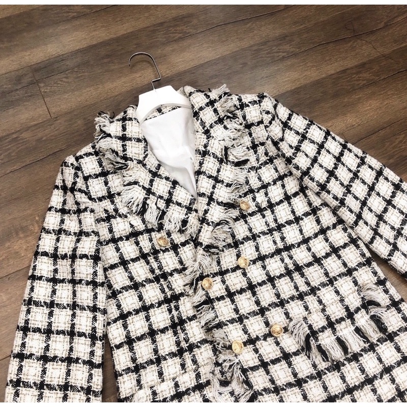 Áo khoác dạ tweed viền rua cao cấp
