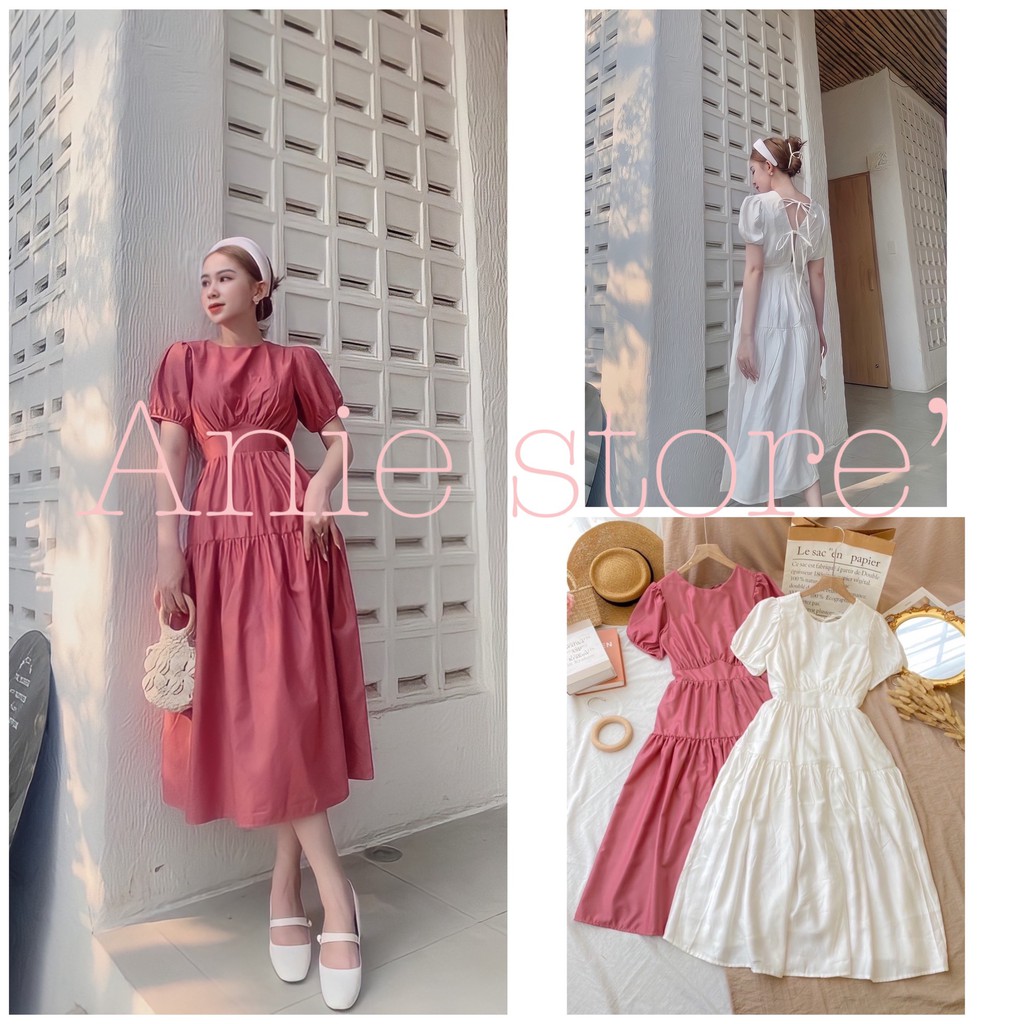 Đầm Midi Nữ Dây Đan Lưng Cộc Tay 🦋 Váy Nữ Cộc Tay Eo Thun 2 Màu 🦋