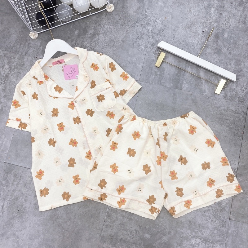 Bộ pijama mặc nhà quần đùi áo cộc hoạ tiết hình xinh, Đồ ngủ nữ xinh hàng Quảng Châu