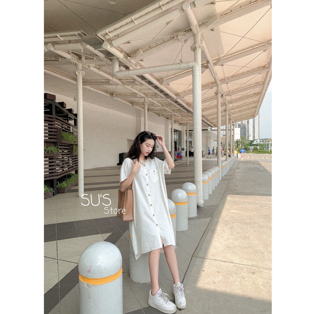 Váy sơ mi trơn cúc gỗ viền chỉ nổi V482 SUSTORE | BigBuy360 - bigbuy360.vn