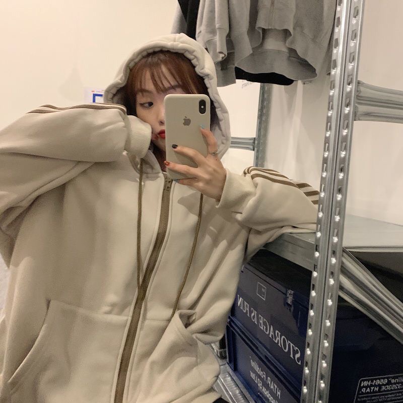 Áo Khoác Nỉ 4 Sọc Nữ Hoodie zip kẻ sọc tay mùa đông form rộng, thiết kế đơn giản