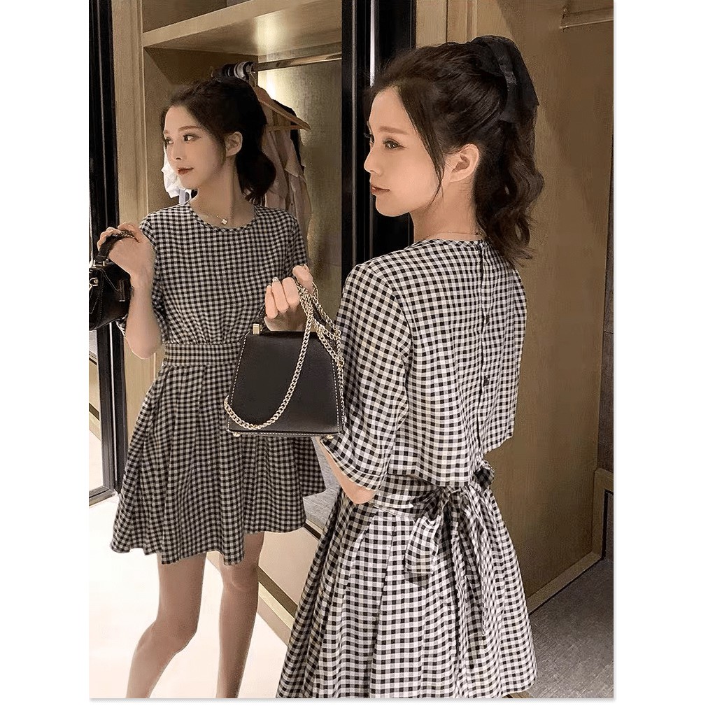 ĐẦM NỮ CARO PHỐI NƠ VIỀN NÚT LƯNG SÀNH ĐIỆU SANG CHẢNH