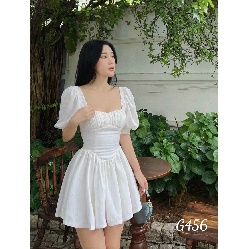 Đầm xoè nhúng tay bo chun cổ vuông xếp ly chất liệu voan lụa G456