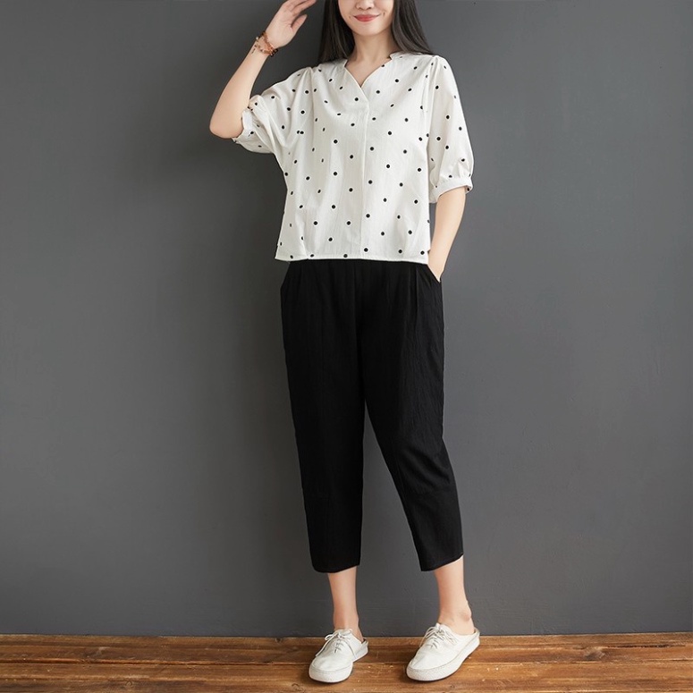 Đồ bộ nữ mặc nhà K93, Cổ trái tim tay lỡ họa tiết chấm bi cực xinh