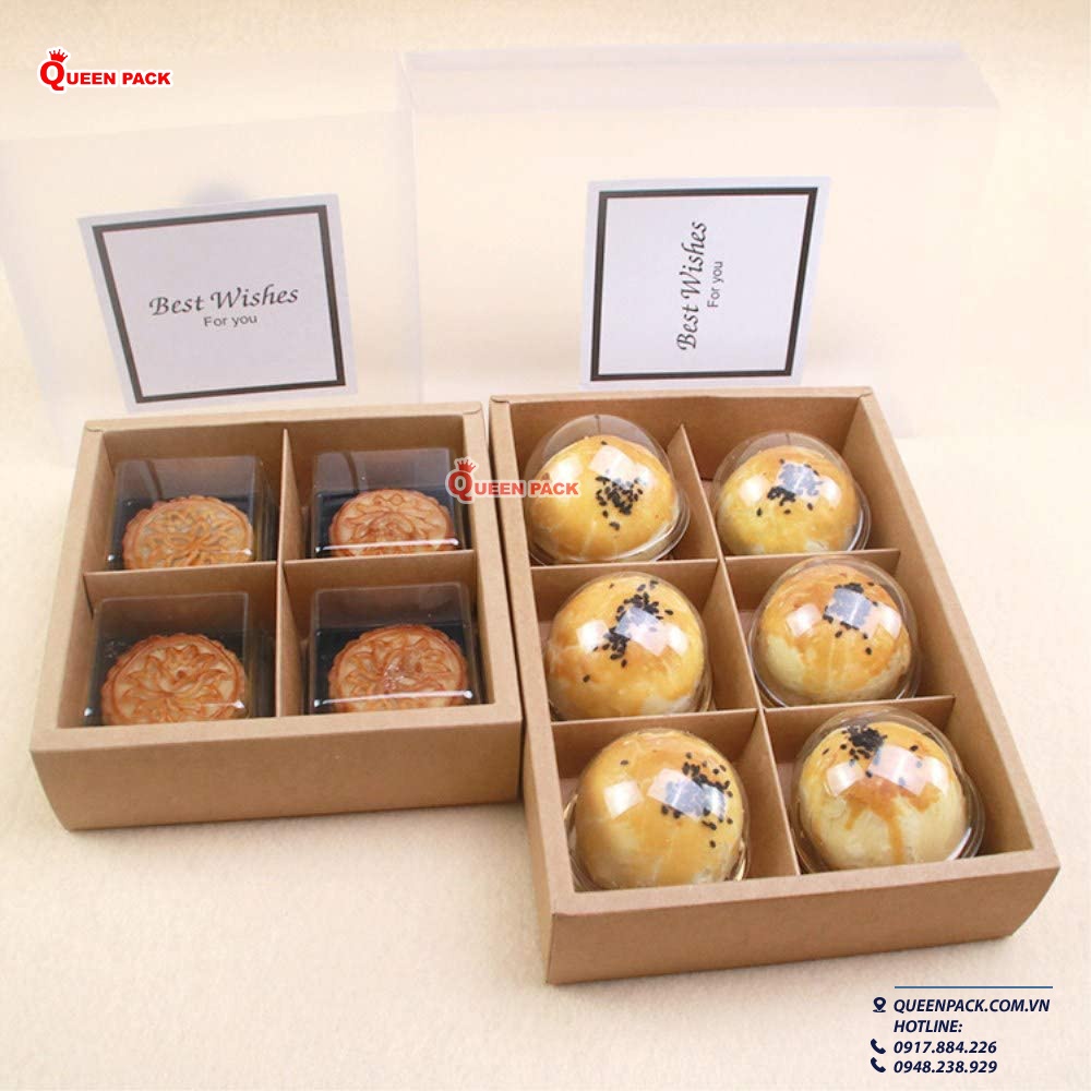 [QP-G] SET 5 Cái hộp giấy vuông kraft loại 4 ngăn và 6 ngăn đựng bánh kèm nắp nhựa mica mờ