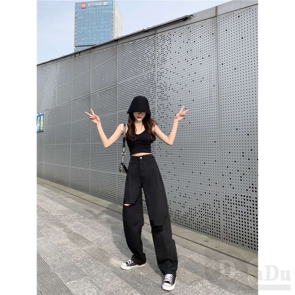 Daduhey Quần dài jeans kiểu dáng rách gối thời trang cho nữ
