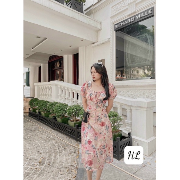 Váy hoa midi vải voan tơ siêu tôn dáng