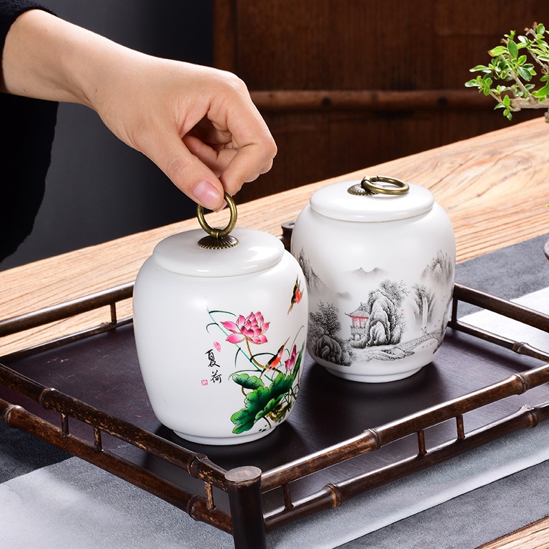 Hũ, Bình đựng trà bằng sứ men ngọc cao cấp với họa tiết đẹp mắt