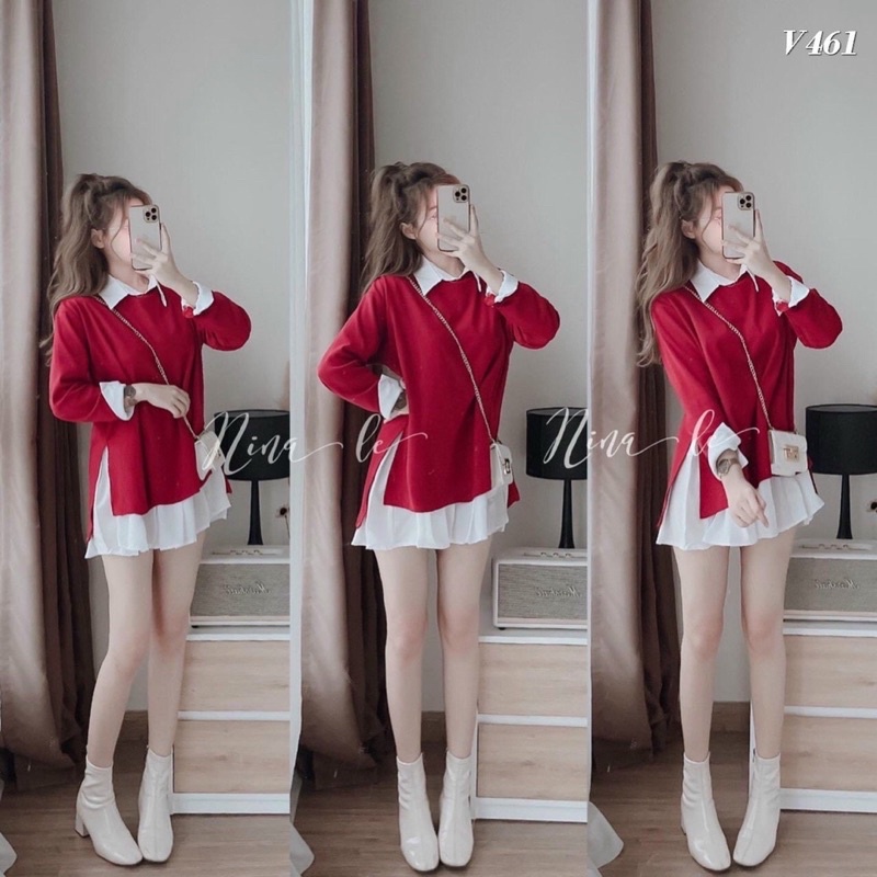SET Đầm trắng cổ sơ mi tùng xếp li kèm Áo gile tay dài màu đỏ nữ NÀNG CLOSET